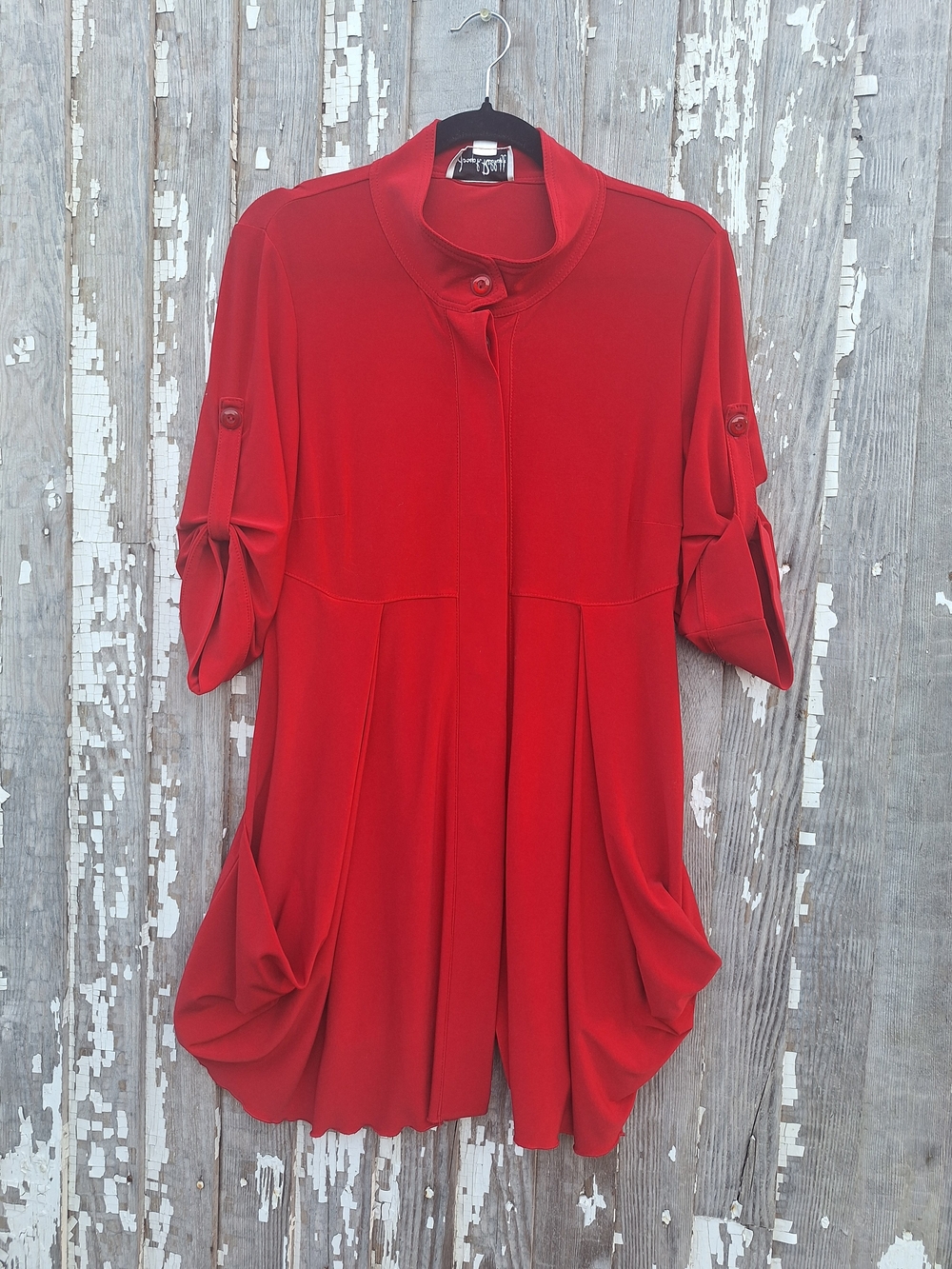 Joseph Ribkoff Red Draped Pocket-Detail Tunic with Stand Collar Size 8